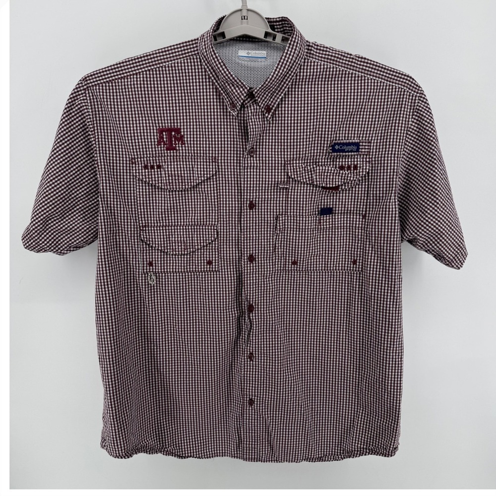 Columbia PFG Mens XL Super Bonehead Texas A&M Fishing Shirt Maroon Gingham Check